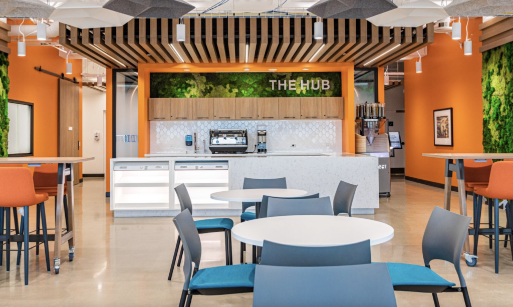 colourful branded seating area in an office space. 